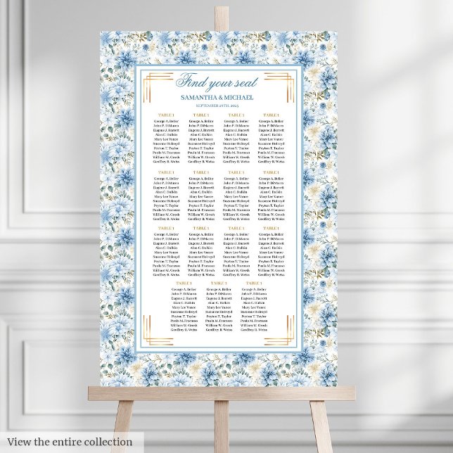 Romantischer Staubblauer Gold Boho Sitzplan Poster (Romantic Dusty Blue Gold Boho Seating Chart)