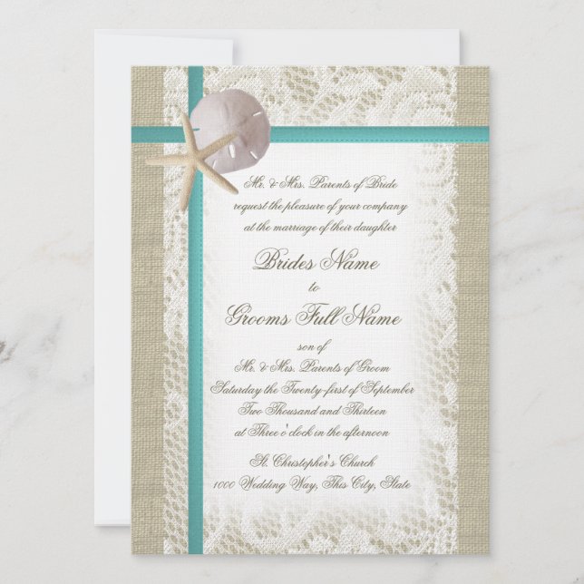 Romantischer Strand Burlap und Lace Aqua Einladung (Vorderseite)