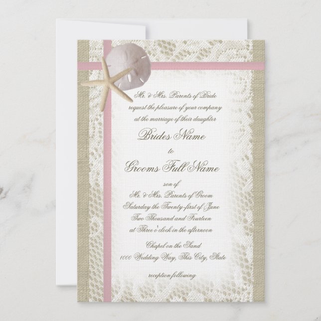 Romantischer Strand und Hochzeitslace Pink Einladung (Vorderseite)