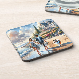 Romantischer Strandspaziergang im Sonnenuntergang Getränkeuntersetzer
