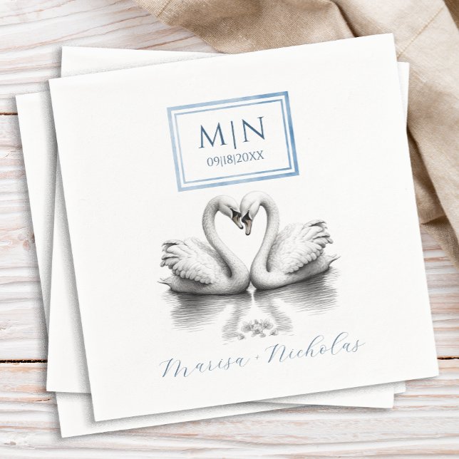 Romantischer Swan Wedding Napkins Blue Monogram Serviette (Romantic Swan Napkins)