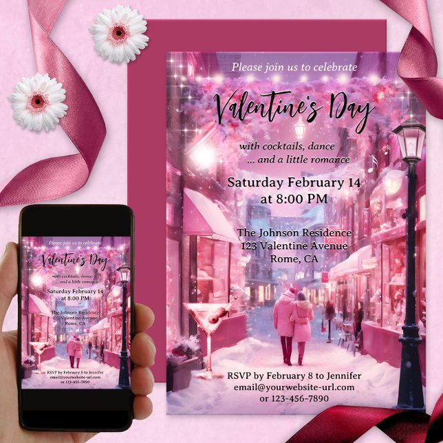 Romantischer Sweet Pink Niedlich Valentinstag Einladung (A sweet Valentine's Day party invitation featuring a couple in love in a pink fantasy world)