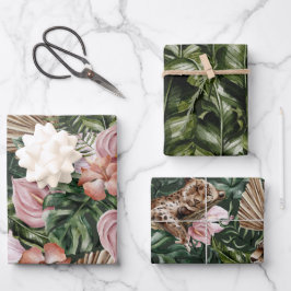 Romantischer tropischer Leopard Blütenweiche Rosa  Geschenkpapier Set