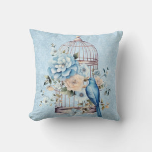 Romantischer Vintage-Wasserfarben-Blumen-Vogelkäfi Kissen