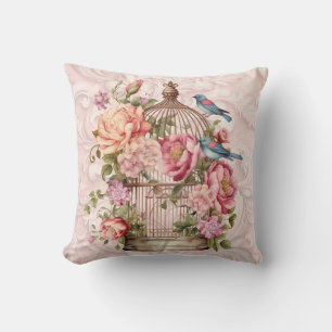 Romantischer Vintage-Wasserfarben-Blumen-Vogelkäfi Kissen