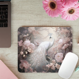 Romantischer weißer Pfau und rosafarbene Blumen Mousepad