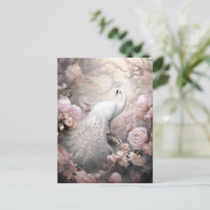 Romantischer weißer Pfau und rosafarbene Blumen Postkarte