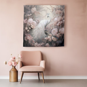 Romantischer weißer Pfau und rosafarbene Blumen Wandteppich