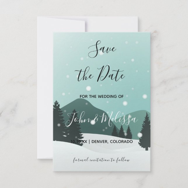 Romantischer Winter Hochzeit Snowy Forest & Mounta Save The Date (Vorderseite)