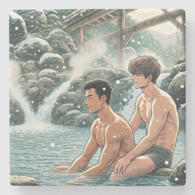 Romantischer Winter onsen Steinuntersetzer (Vorderseite)