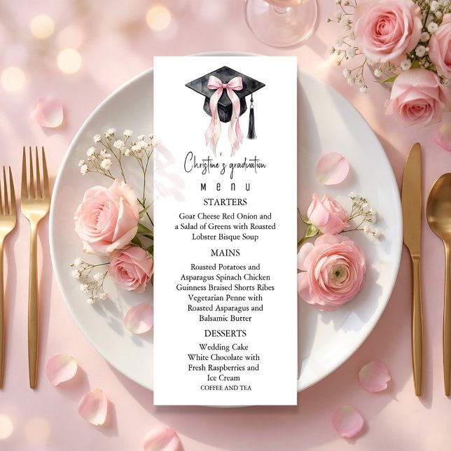 Romantisches Abschlussmenü für sie Menükarte (Romantic Graduation Menu For Her #menu #dinner #pinkbow #graduationmenu #graduationmenuforher #chick)