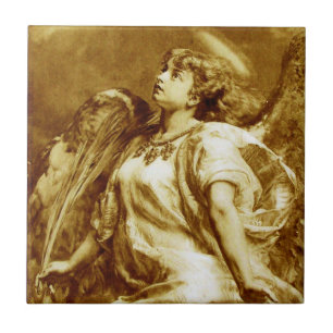 ROMANTISCHES ANGEL MIT FEATHER IN BROWN SEPIA, WEI FLIESE