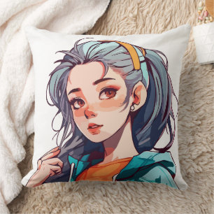 Romantisches Anime-Mädchen mit farbenfrohen hellen Kissen