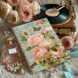 Romantisches Antikes Blaues Blumen-Junk-Journal Notizbuch