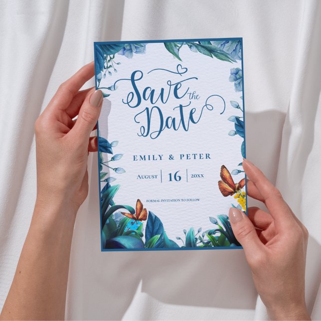 Romantisches Blau Botanischer Garten Thema Save-th (Romantic Blue Botanical Garden Theme Save the Date)