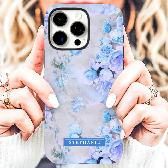 Romantisches Blau und Graue Name Floral iPhone 16 Pro Max Hülle (Von Creator hochgeladen)
