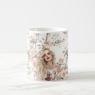 Romantisches blondes Mädchen mit Pfirsichrosen flo Kaffeetasse