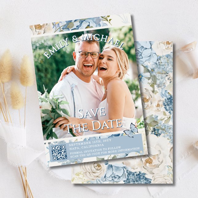 Romantisches Blue Floral Foto QR Code Hochzeit Einladung (Von Creator hochgeladen)
