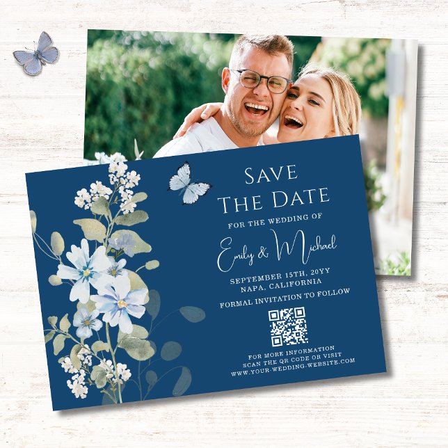 Romantisches Blue Floral Foto QR Code Hochzeit Save The Date (Von Creator hochgeladen)
