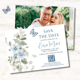 Romantisches Blue Floral Foto QR Code Hochzeit Save The Date