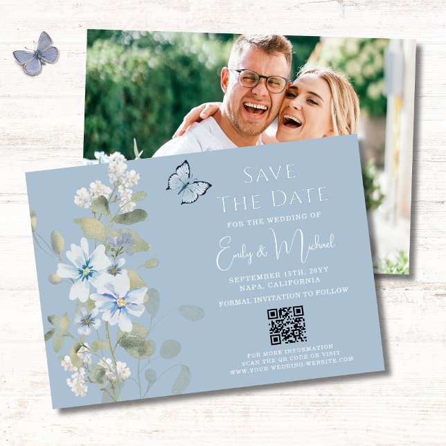 Romantisches Blue Floral Foto QR Code Hochzeit Save The Date (Von Creator hochgeladen)