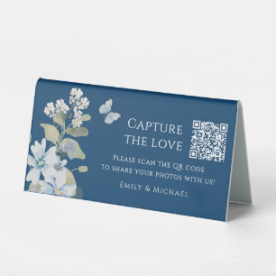 Romantisches Blue Floral Wedding Foto QR Code Tischaufsteller