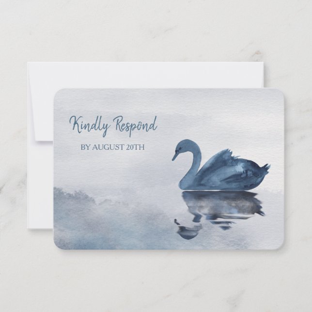 Romantisches Blue Swan Menu Hochzeit RSVP Karte (Vorderseite)
