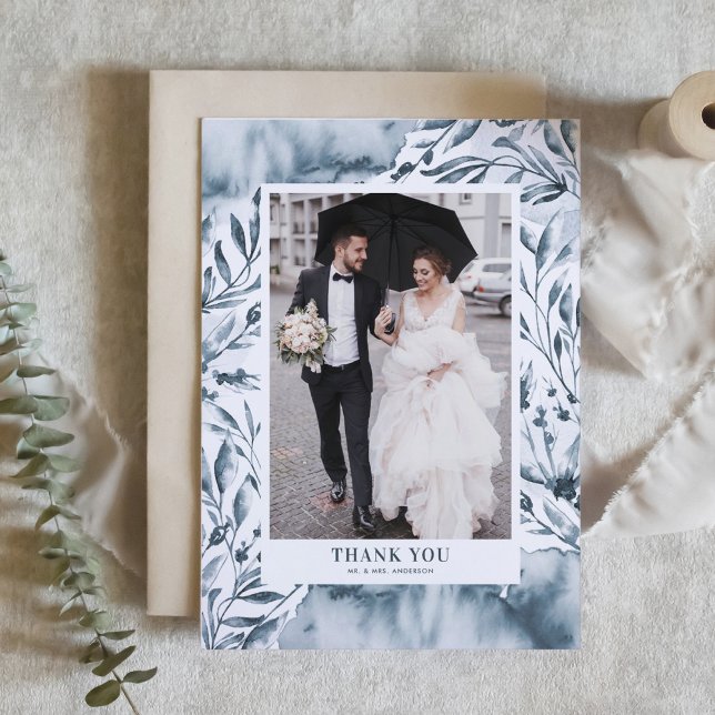 Romantisches Blue Watercolor Botanicals Foto Hochz Dankeskarte (Von Creator hochgeladen)