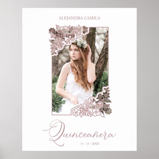 Romantisches Blumenrahmen Foto Quinceñera Spanisch Poster (Vorne)