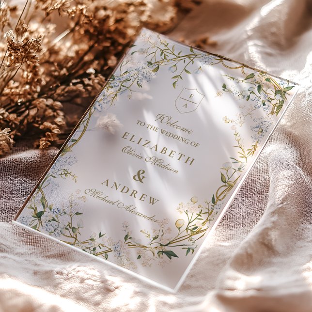 Romantisches Blumenzeitsdesign mit Monogramm-Wappe Acryleinladungen (Von Creator hochgeladen)