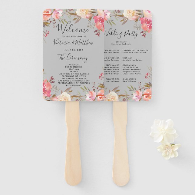 Romantisches Blush Blom Floral Hochzeitsprogramm Fächer (Vorne und Hinten)
