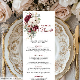 Romantisches Boho Burgundy White Rose Wedding Menu Menükarte