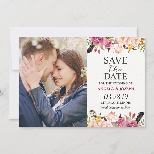 Romantisches Boho Floral Feather Foto Save the Dat Save The Date (Vorderseite)
