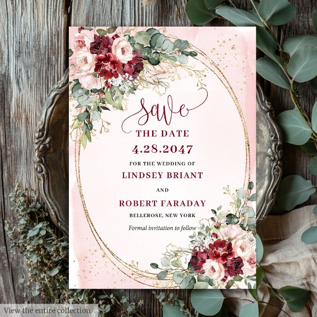 Romantisches Boho Tiefrotes Erröten Gold Floral Sa Einladung (Romantic Boho Deep Red Blush Gold Floral Save It)