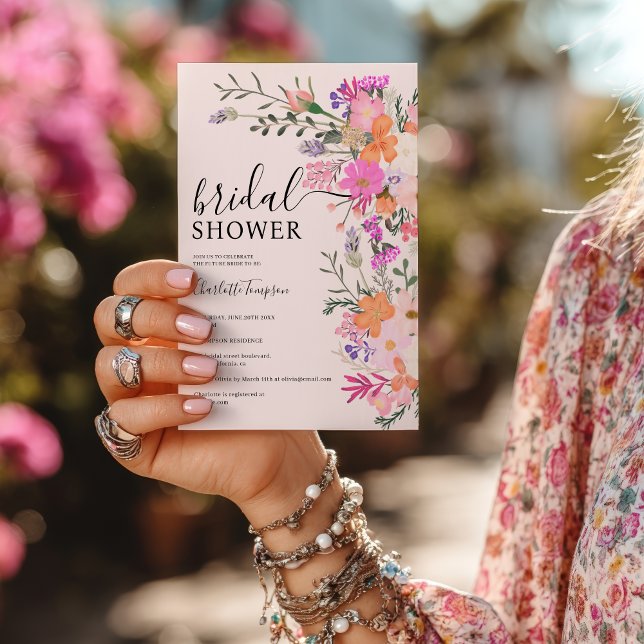 Romantisches bohrosa Wildblume Brautparty Einladung (Romantic boho pink wildflower garden bridal shower invitation)