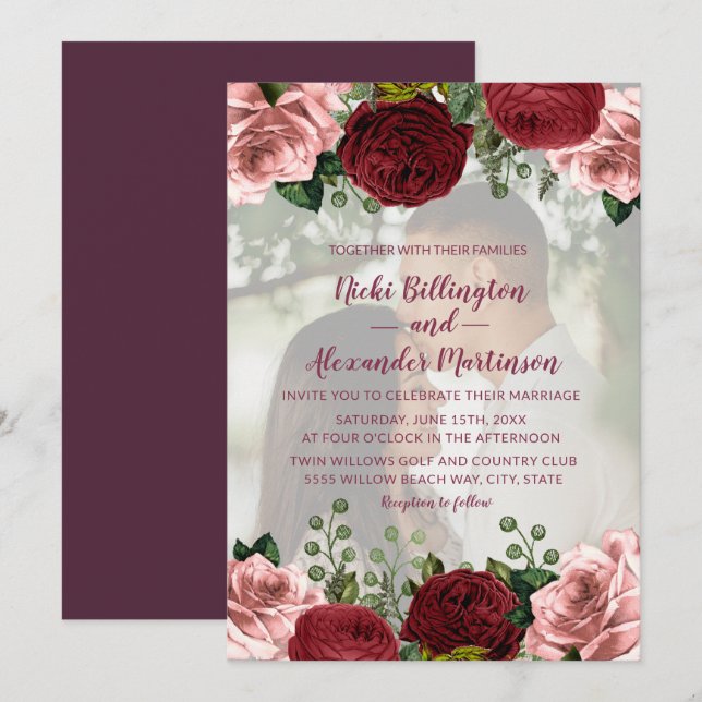 Romantisches Burgund Blush Pink Foto Hochzeit Einladung (Vorne/Hinten)