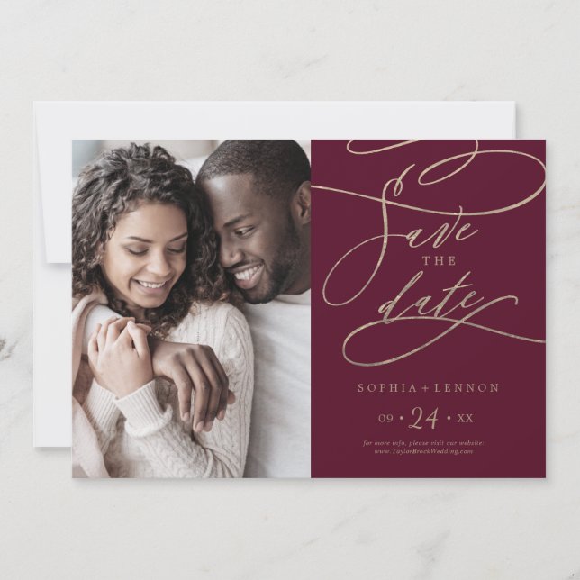 Romantisches Burgund-Kalligrafie-Foto Save The Date (Vorderseite)