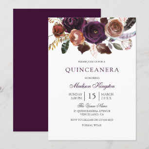 Romantisches Burgund Lila Plum Floral Quinceanera Einladung