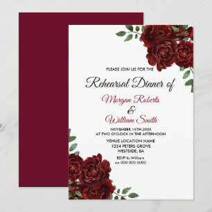 Romantisches Burgund Rote Rose Probe Dinner einlad Einladung