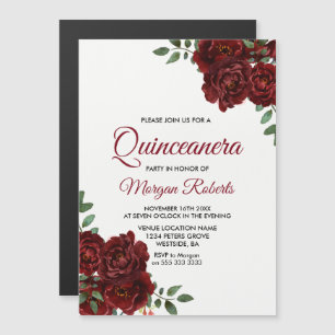 Romantisches Burgund Rote Rose Quinceanera Party Magneteinladung