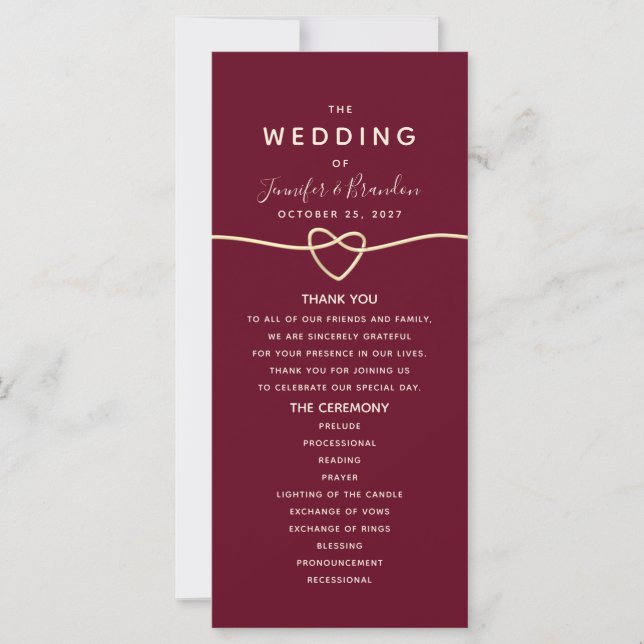 Romantisches Burgunder Hochzeitsprogramm (Vorderseite)
