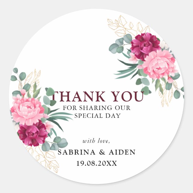 Romantisches Burgundy Red | Blush Pink Floral Wedd Runder Aufkleber (Vorderseite)