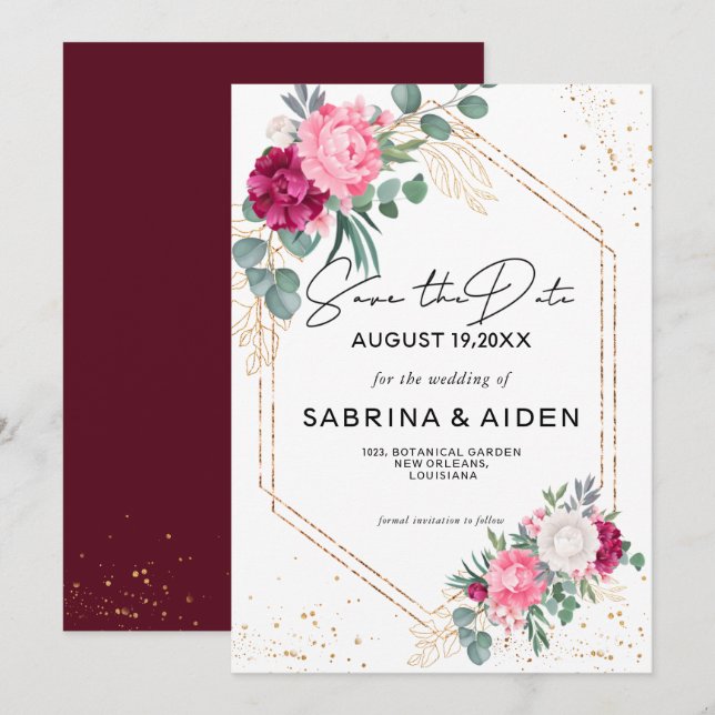 Romantisches BurgundyBlush Pink Save the Date (Vorne/Hinten)