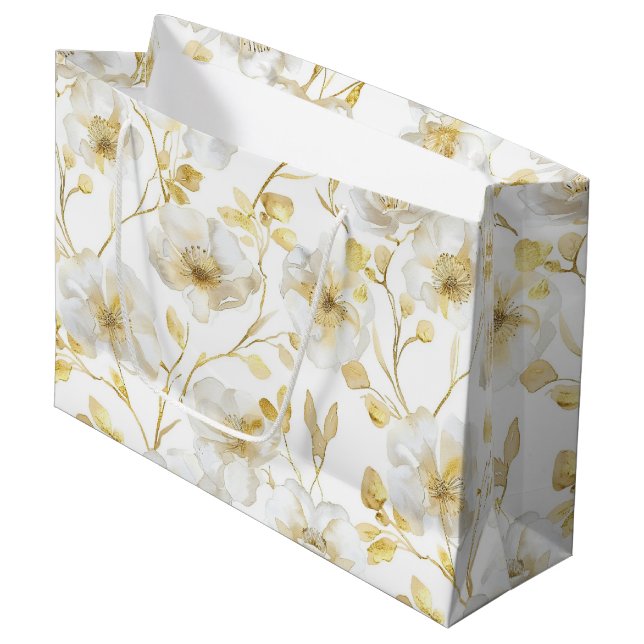 Romantisches Chic Gold Weißes Brautparty Große Geschenktüte (Vorderseite Schrägansicht)