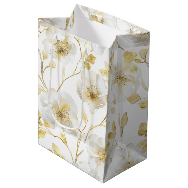 Romantisches Chic Gold Weißes Brautparty Mittlere Geschenktüte (Vorderseite Schrägansicht)