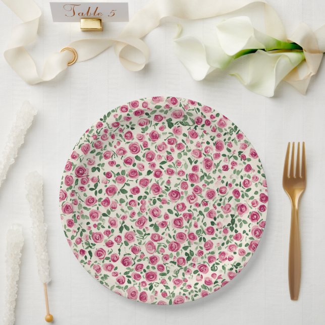 Romantisches Chic Pink Roses Brautparty Pappteller (Hochzeit)