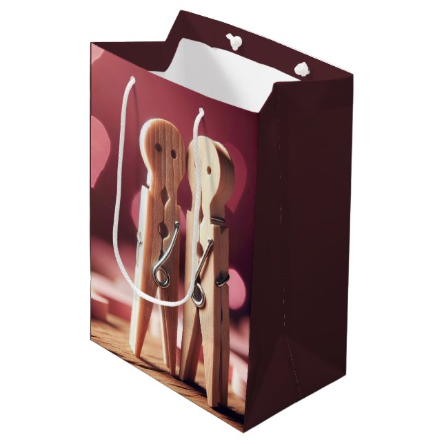 Romantisches Clothespin-Paar mit Herz Mittlere Geschenktüte (Vorderseite Schrägansicht)