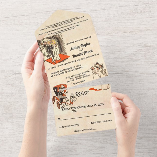 Romantisches Couple-Comic Hochzeit mit klassischem All In One Einladung (Abreißen)