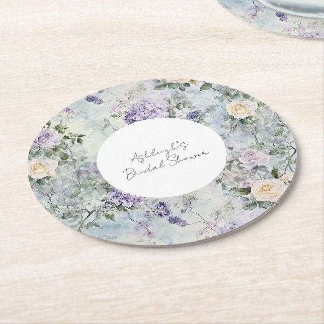 Romantisches Creme-violette Blumen Brautparty Runder Pappuntersetzer (Angewinkelt)