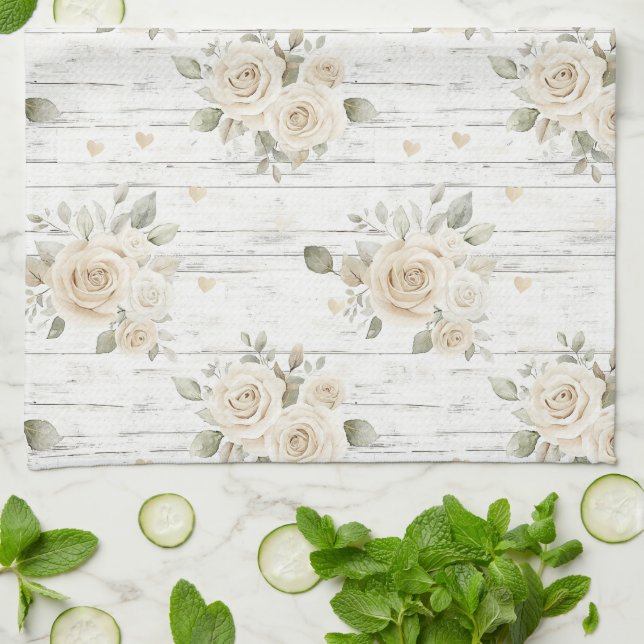 Romantisches Creme White Floral Boho Brautparty Geschirrtuch (Gefaltet)